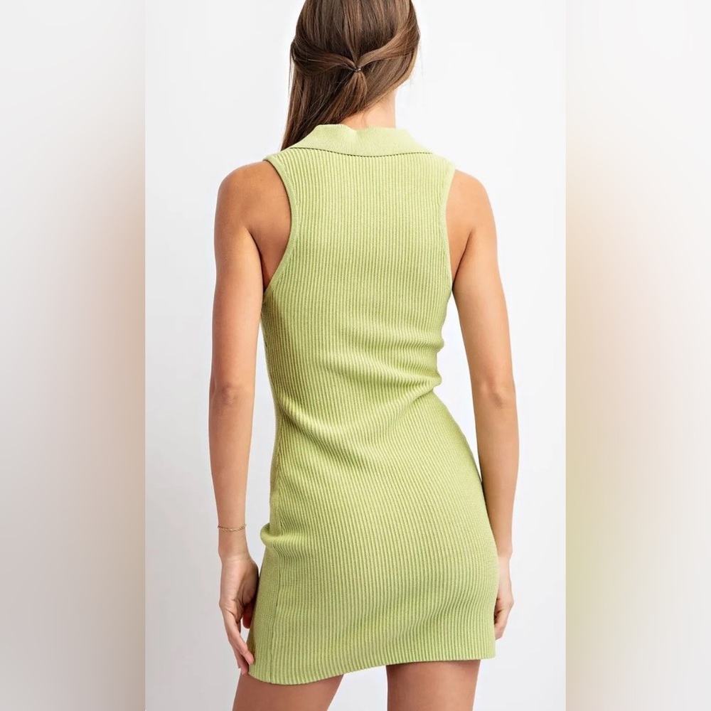 ee:some NWT Avocado Green Sleeveless Ribbed Knit Collared Mini Dress - Picture 6 of 7